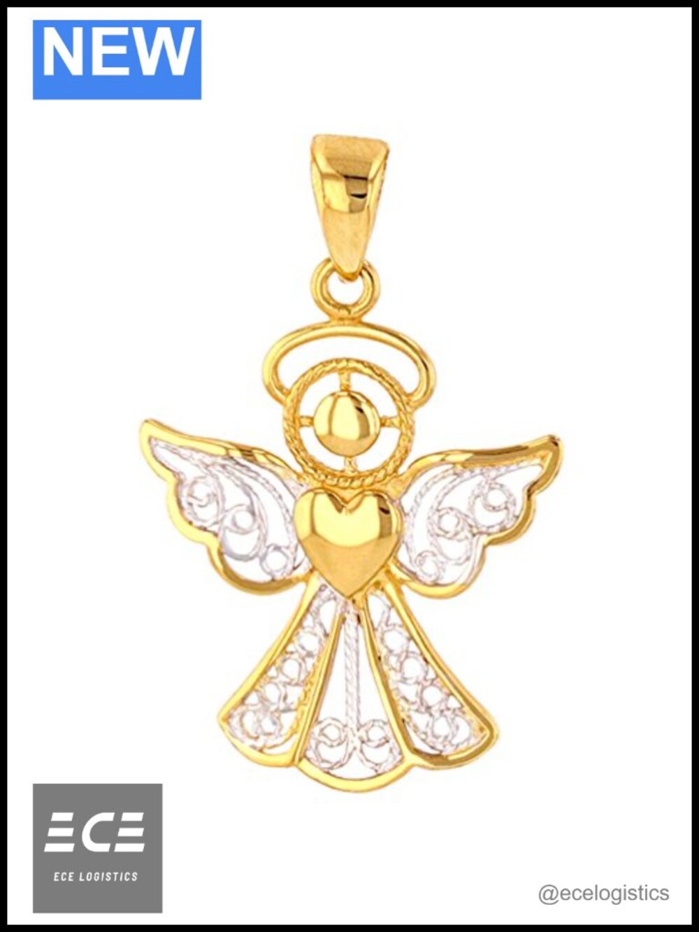 Polished 14K Gold Filigree Angel Heart Charm Pendant Handmade USA